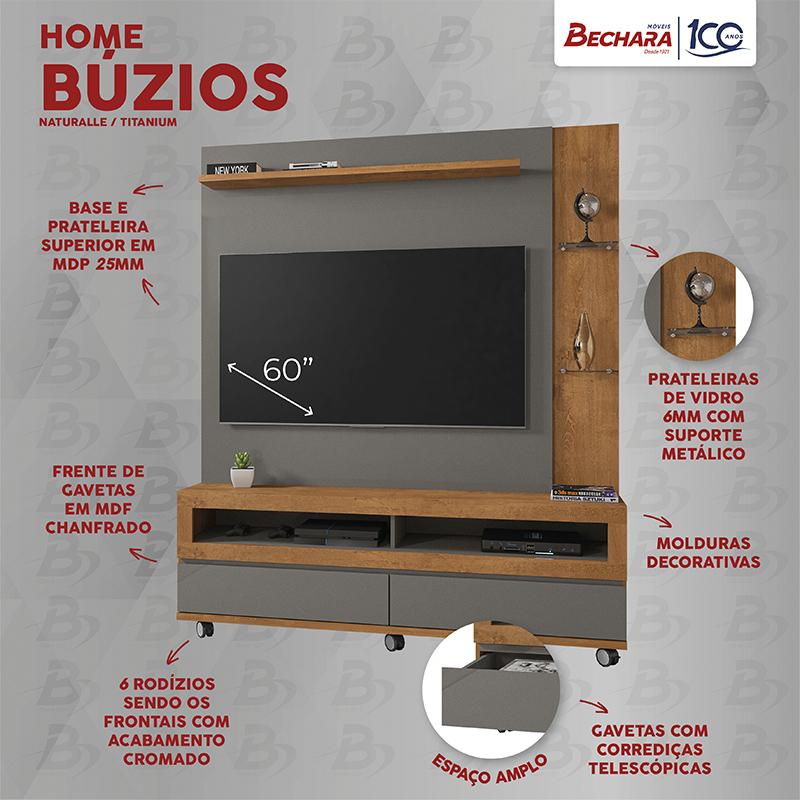 Home Estante Rack Buzios Para TV 60 Polegadas Com Rodízios Naturale/Titanium