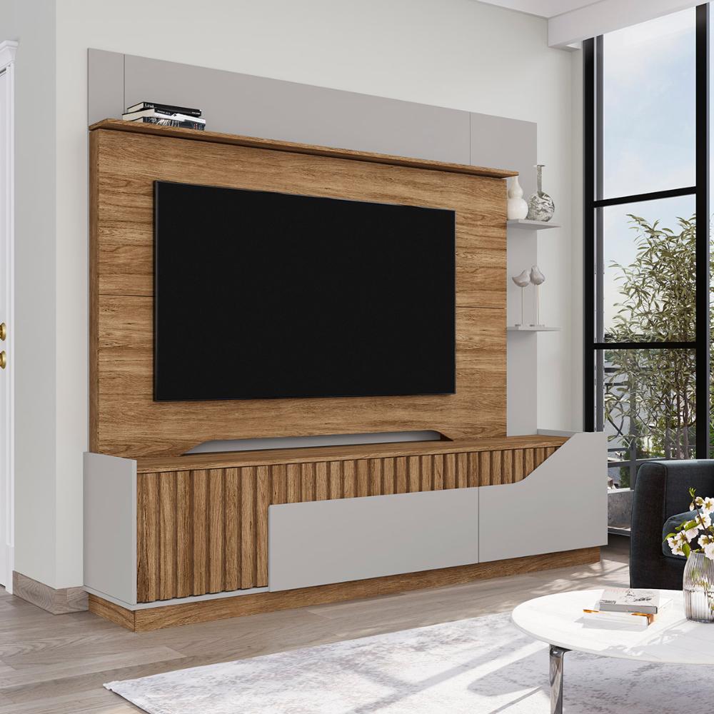 Home Estante Rack Dallas Ripado Para TV até 75 Polegadas Cinamomo/Off White