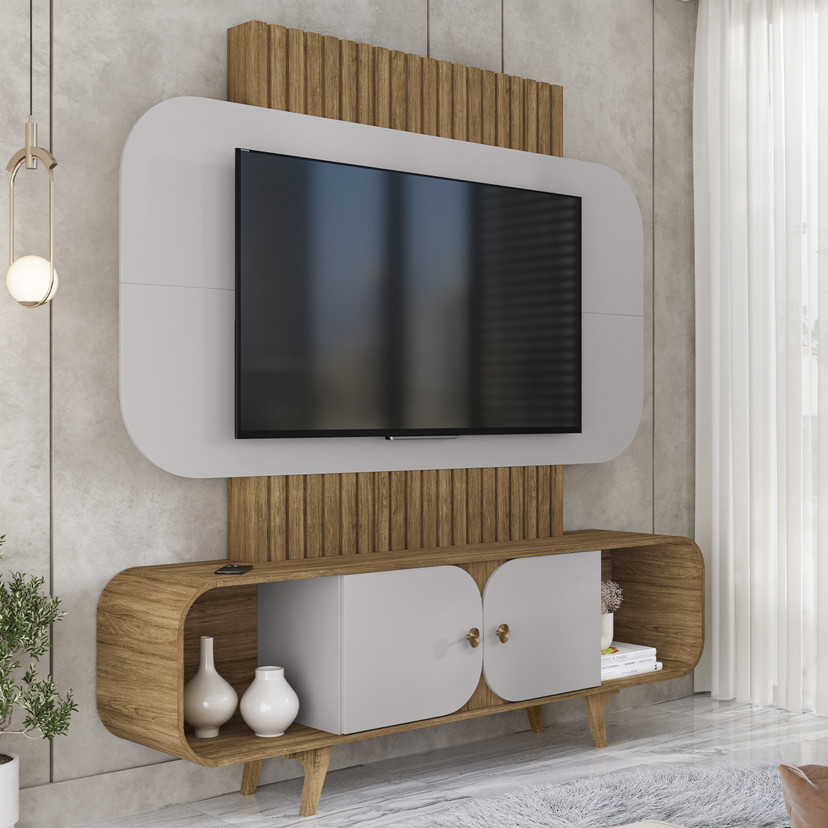 Home Estante Rack Embau Para TV até 75 Polegadas Cinamomo/Off White