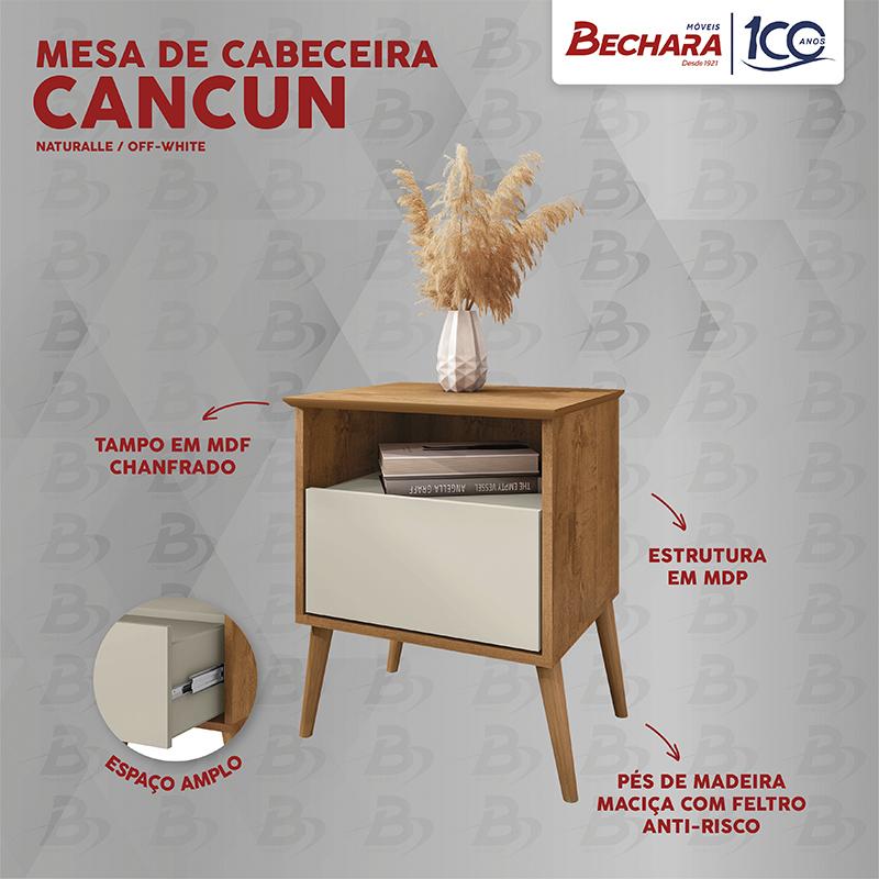 Kit 2 Mesa de Cabeceira Cancun 1 Gaveta Pés Madeira Maciça Naturale/Off White