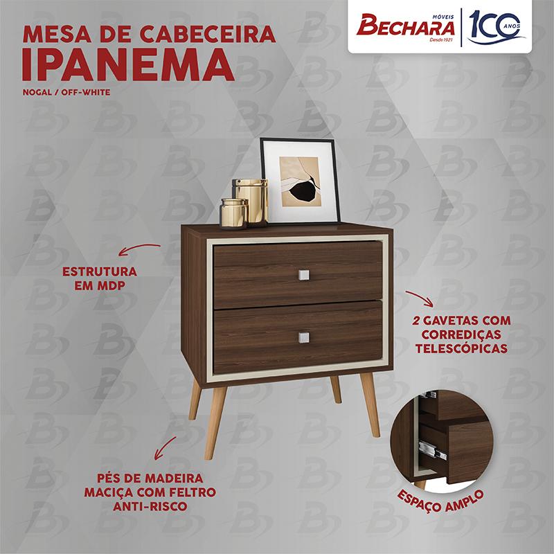 Mesa de Cabeceira Ipanema 2 Gavetas Pés em Madeira Maciça Nogal/Off White