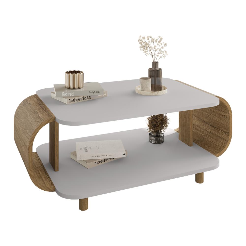 Mesa de Centro Sala Floripa com Pés de Madeira Maciça Off White/Cinamomo