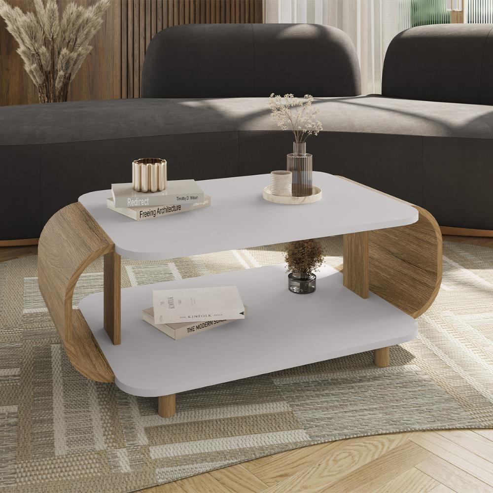 Mesa de Centro Sala Floripa com Pés de Madeira Maciça Off White/Cinamomo