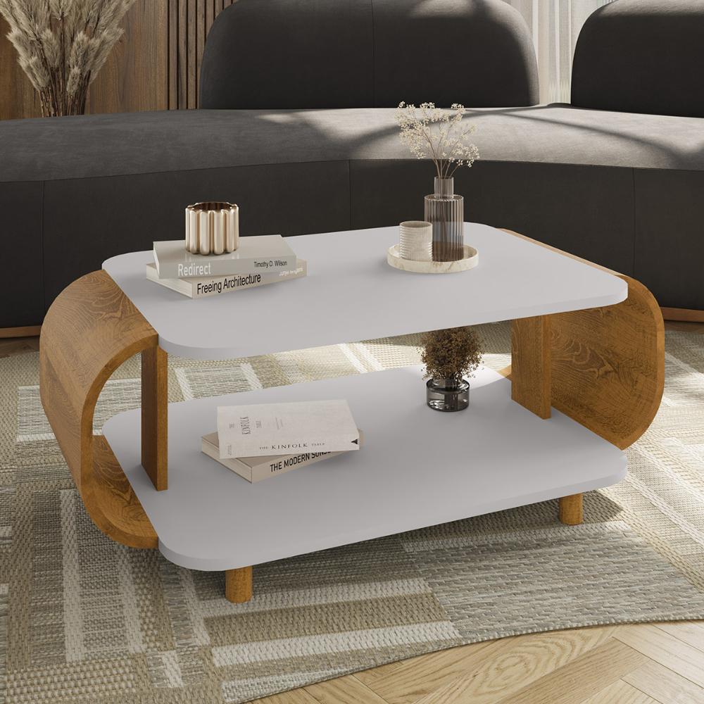Mesa de Centro Sala Floripa com Pés de Madeira Maciça Off White/Naturale