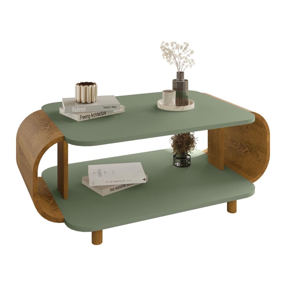 Mesa de Centro Sala Floripa com Pés de Madeira Maciça Pistache/Naturale