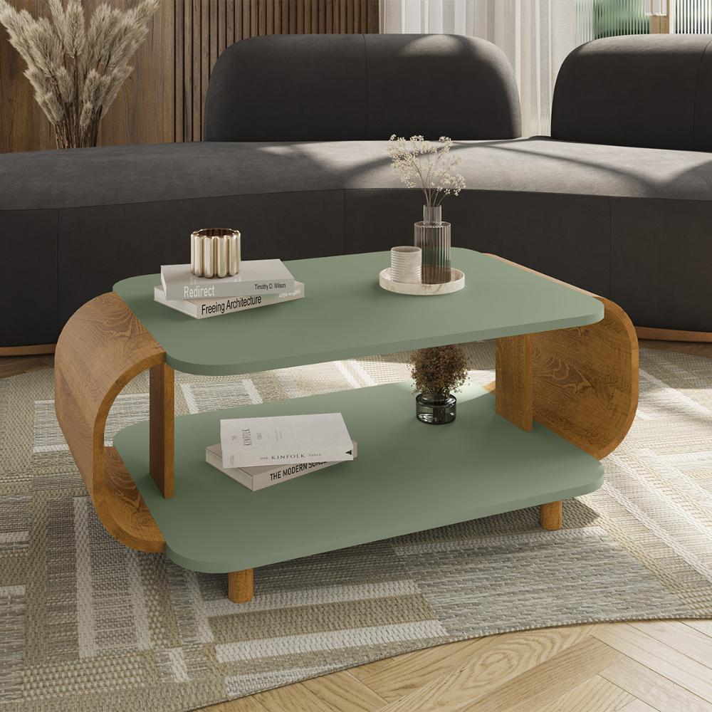 Mesa de Centro Sala Floripa com Pés de Madeira Maciça Pistache/Naturale