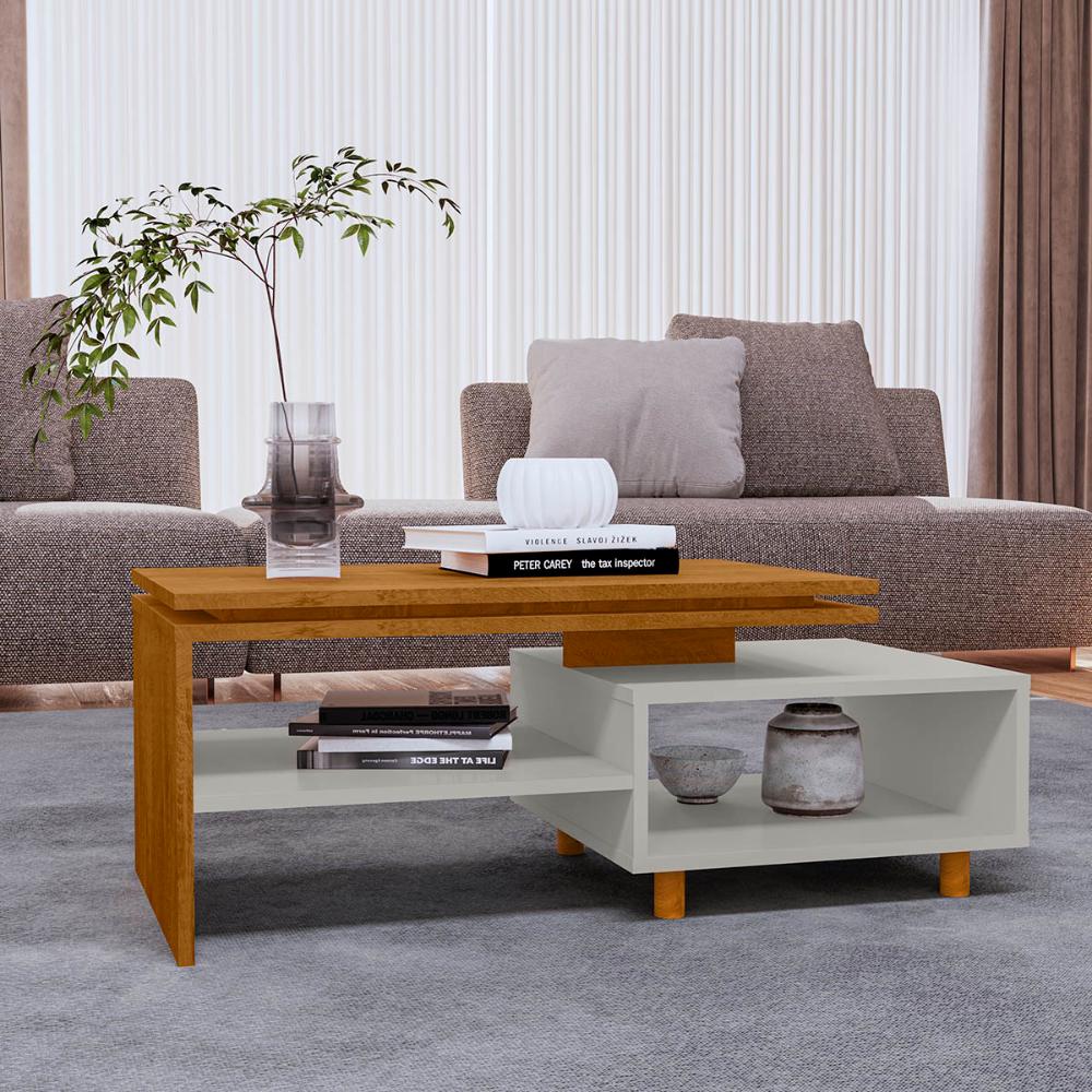 Mesa de Centro Sala Lima com Pés de Madeira Maciça Cinamomo/Off White