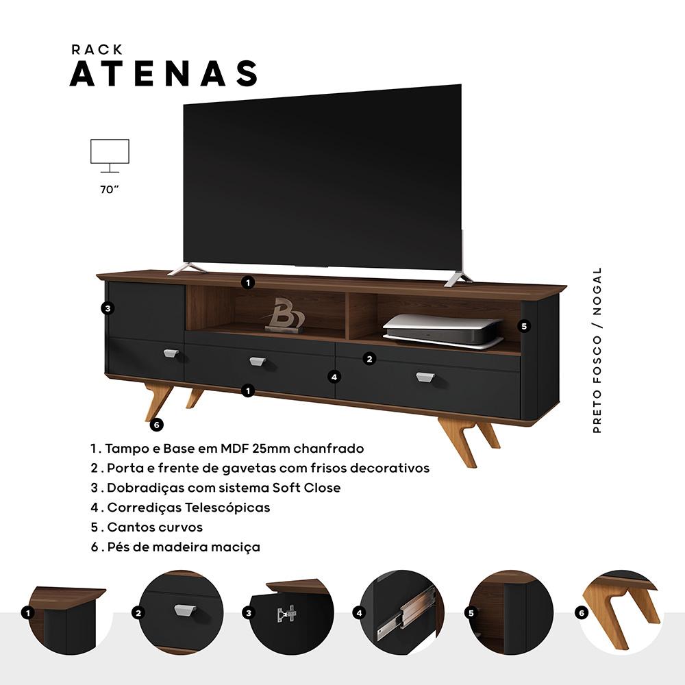 Rack Atenas para TV até 70 Polegadas Pés em Madeira Maciça Preto Fosco/Nogal
