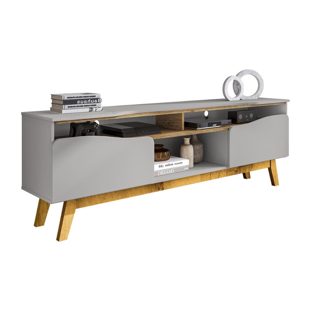 Rack Ilhabela TV 75 Polegadas com 2 Porta Pés Madeira Maciça Off White/Cinamomo