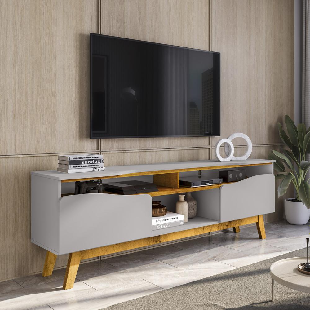 Rack Ilhabela TV 75 Polegadas com 2 Porta Pés Madeira Maciça Off White/Naturale