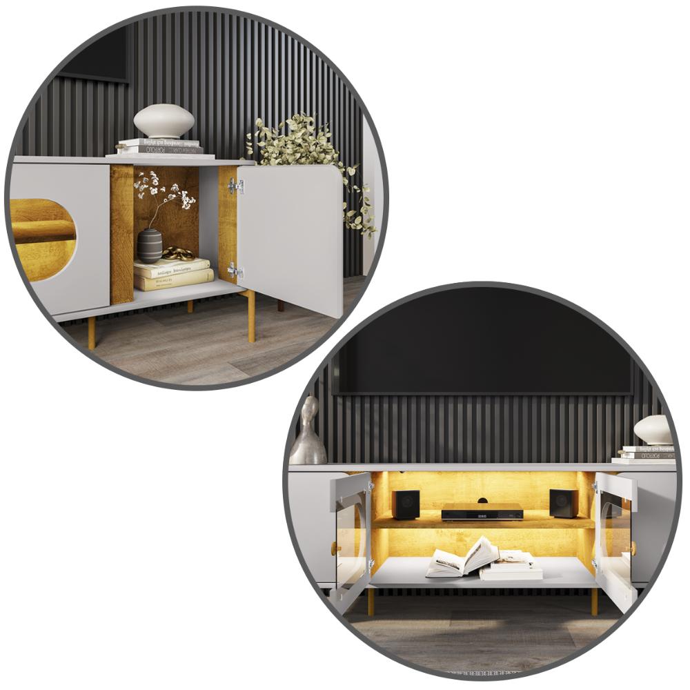 Rack Juquehy TV 75 Polegadas com 4 Portas e Pés Em Aço Off White/Naturale