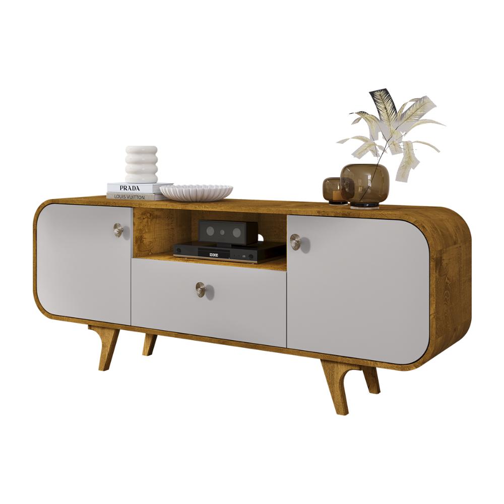 Rack Noronha TV 55 Polegadas com Pés de Madeira Maciça Naturale/Off White