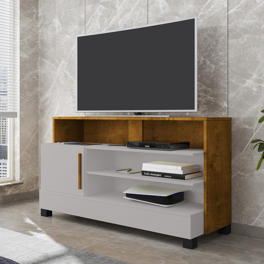 Rack Pipa TV 48 Polegadas com 1 Porta Pés Madeira Maciça Off White/Naturale