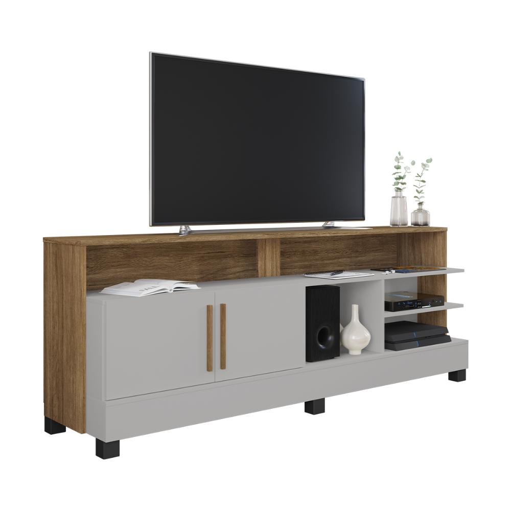 Rack Taípe TV 65 Polegadas com 2 Portas Pés Madeira Maciça Off White/Cinamomo