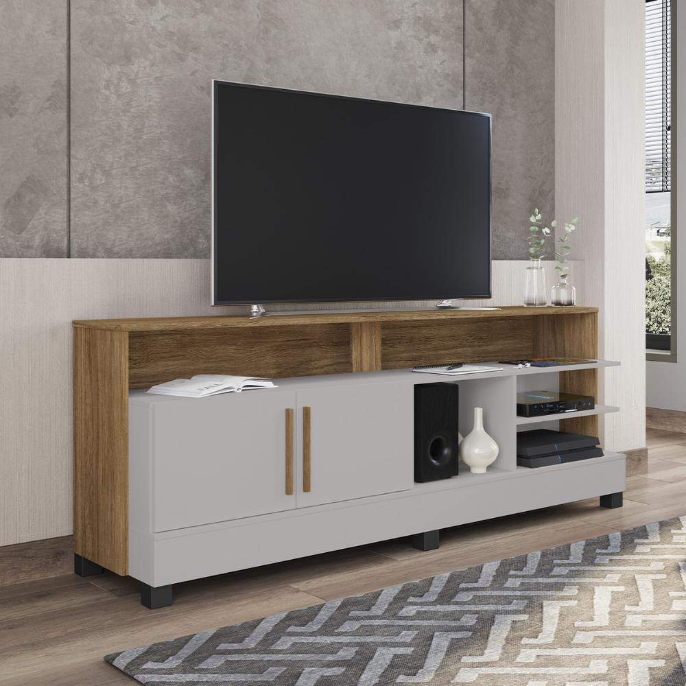 Rack Taípe TV 65 Polegadas com 2 Portas Pés Madeira Maciça Off White/Cinamomo