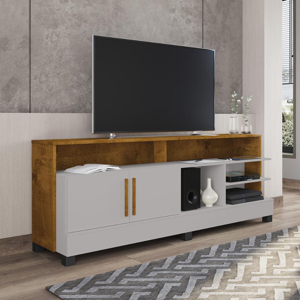 Rack Taípe TV 65 Polegadas com 2 Portas Pés Madeira Maciça Off White/Naturale