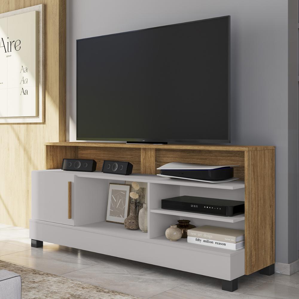 Rack Taipu TV 55 Polegadas com 1 Porta e Pés Madeira Maciça Off White/Cinamomo