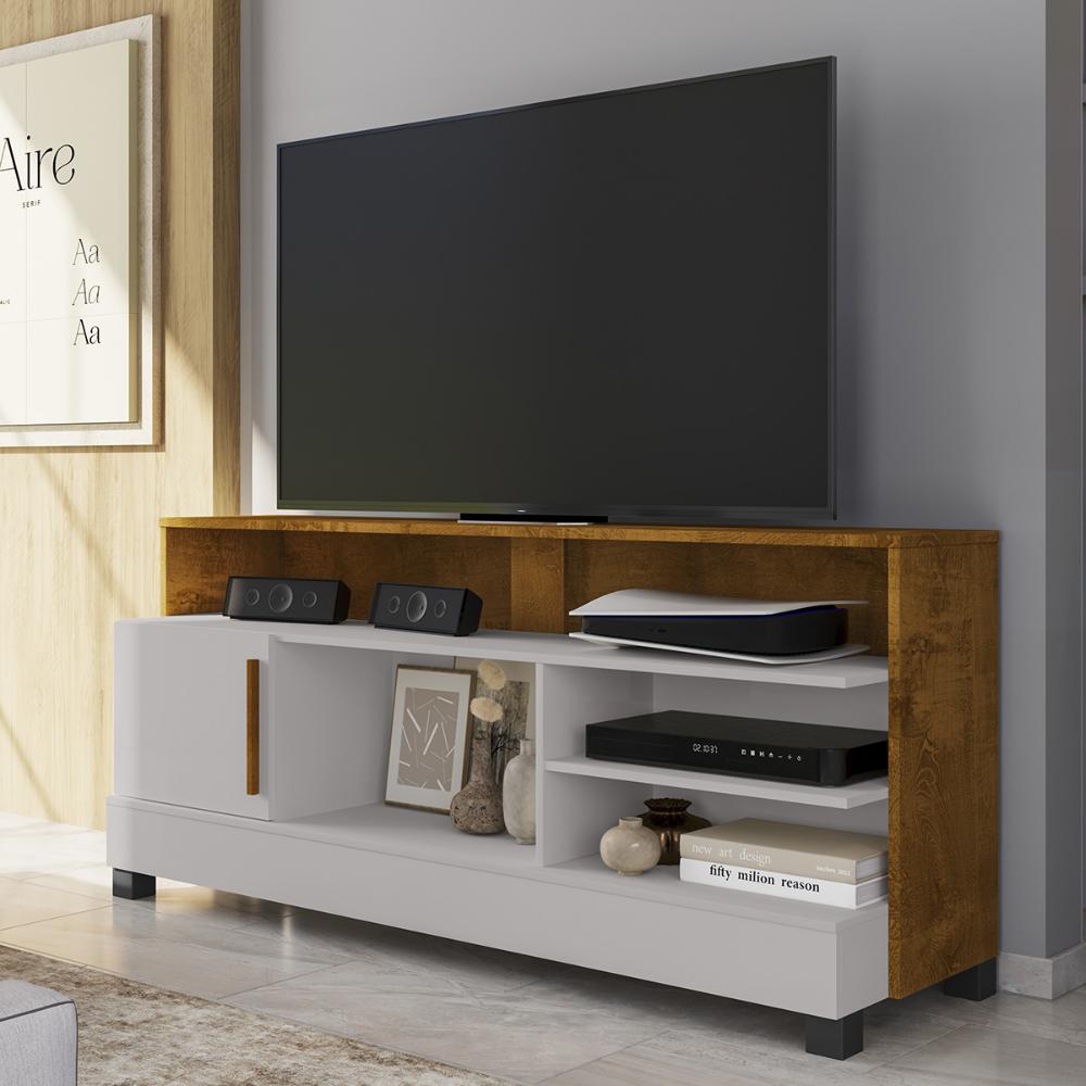 Rack Taipu TV 55 Polegadas com 1 Porta e Pés Madeira Maciça Off White/Naturale