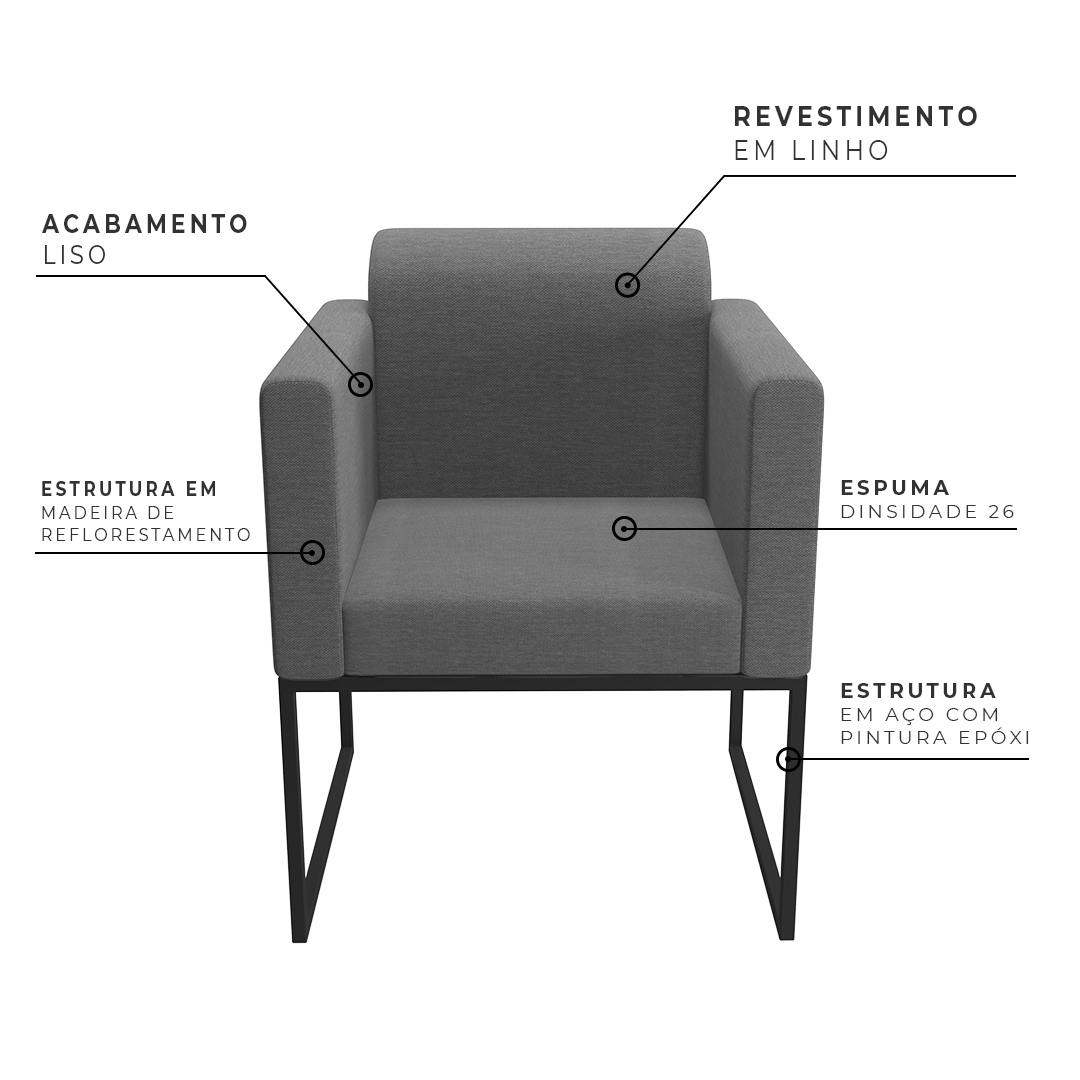 Poltrona Ana Linho Base Industrial Metálica Preto - SSX Multicoisas