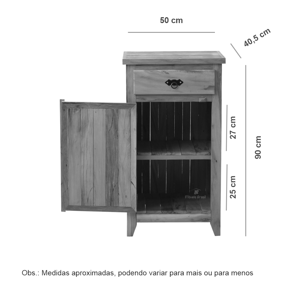 Armário Balcão Arcais 50 cm 1 Porta Madeira Maciça Pátina