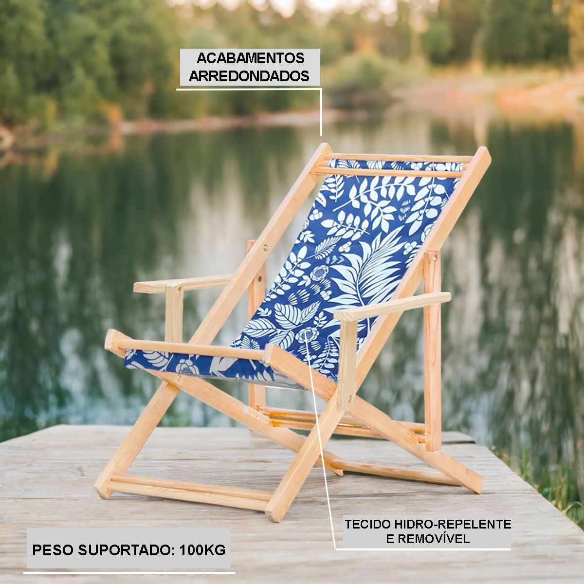 Cadeira Espreguiçadeira Dobrável Madeira C/B - List Azul/Branco