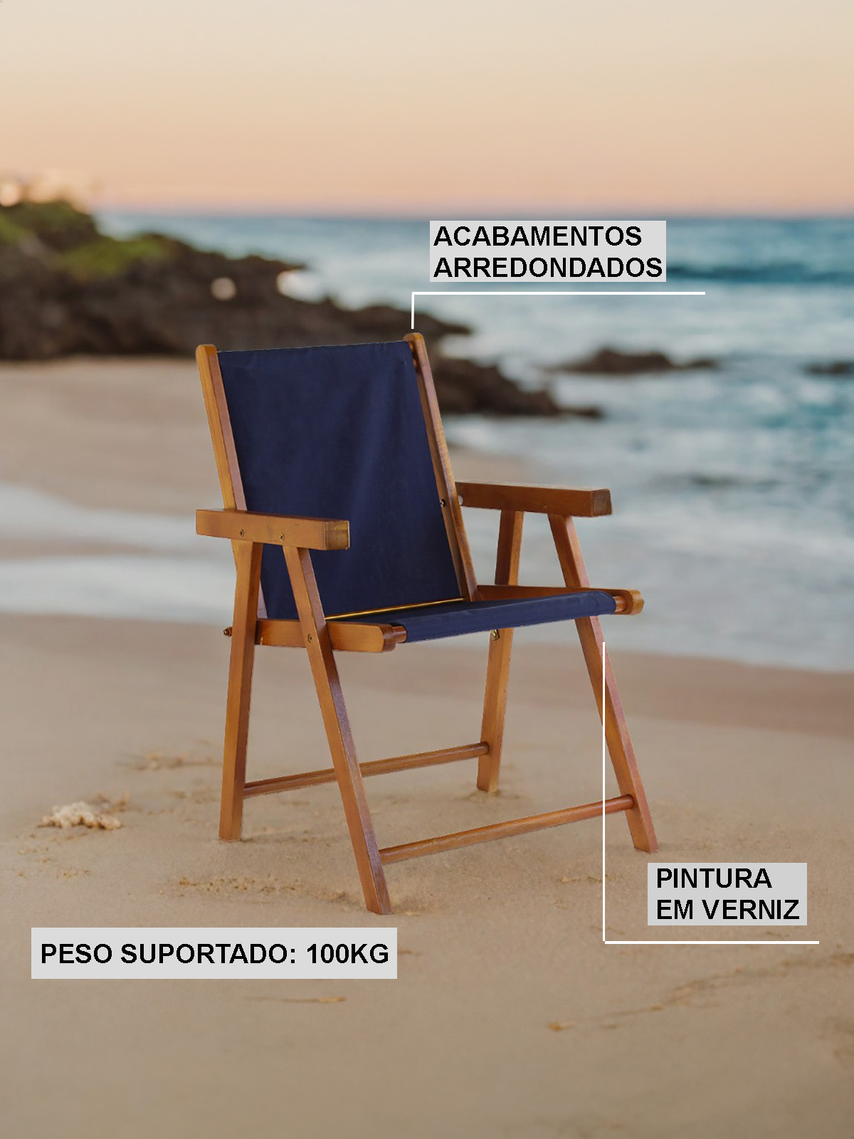 Cadeira Praia Dobrável Madeira Envernizada-Azul Escuro