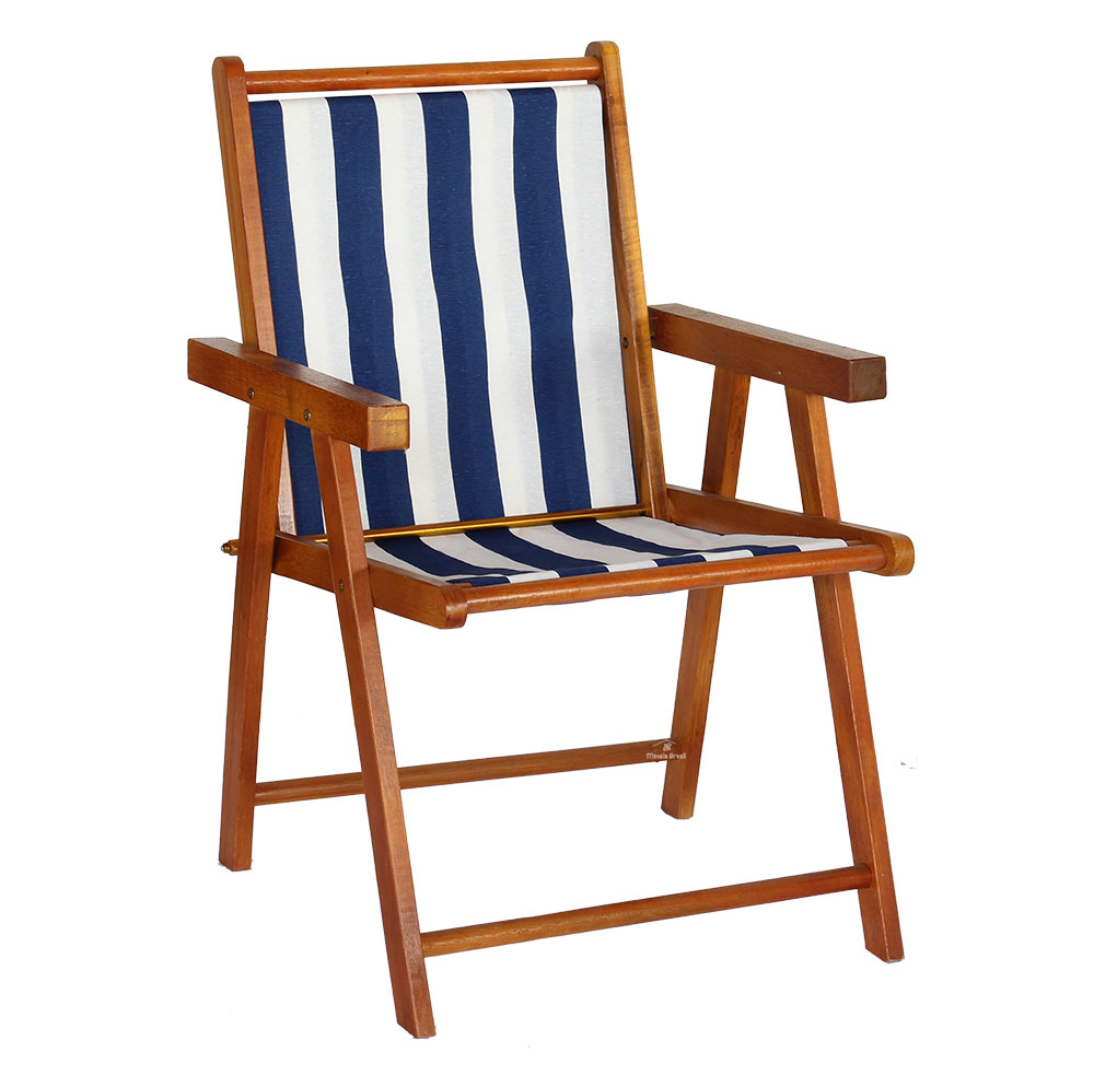 Cadeira Praia Dobrável Madeira Envernizada-L Azul/Branco