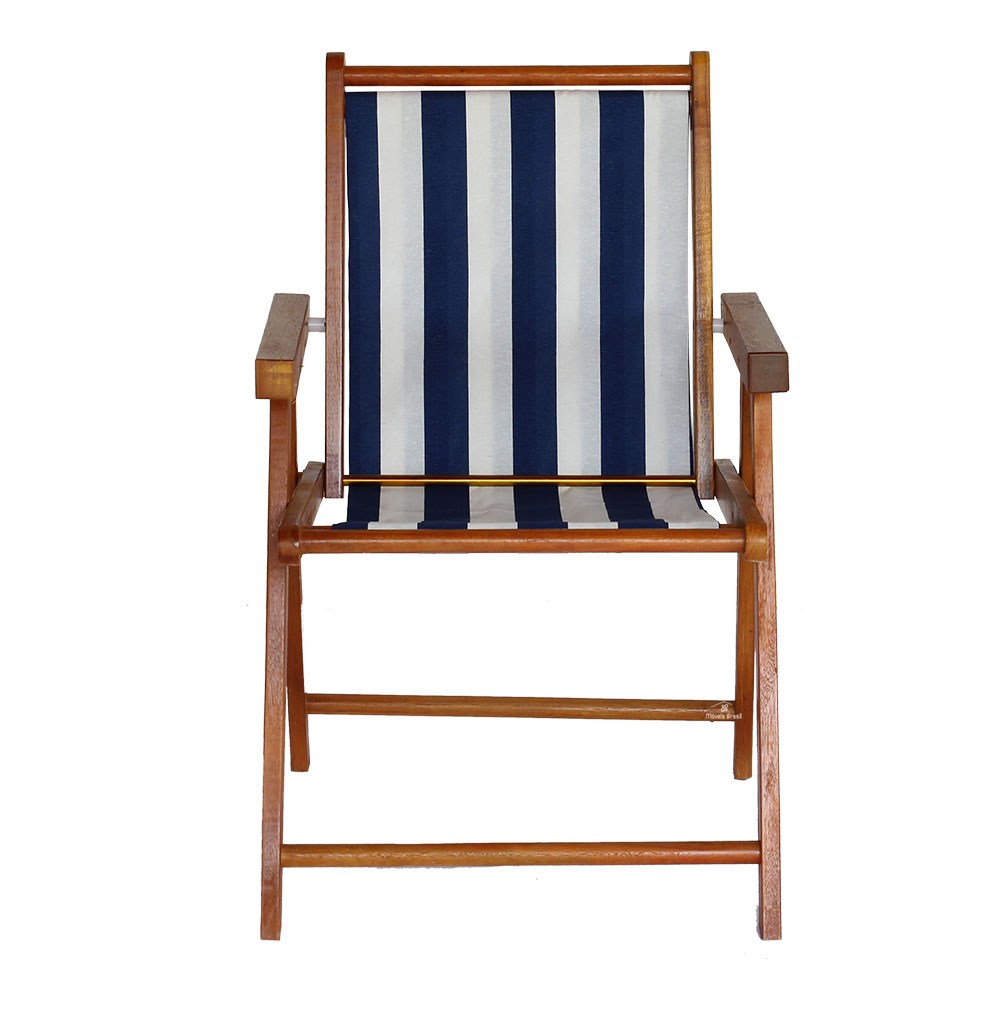 Cadeira Praia Dobrável Madeira Envernizada-L Azul/Branco