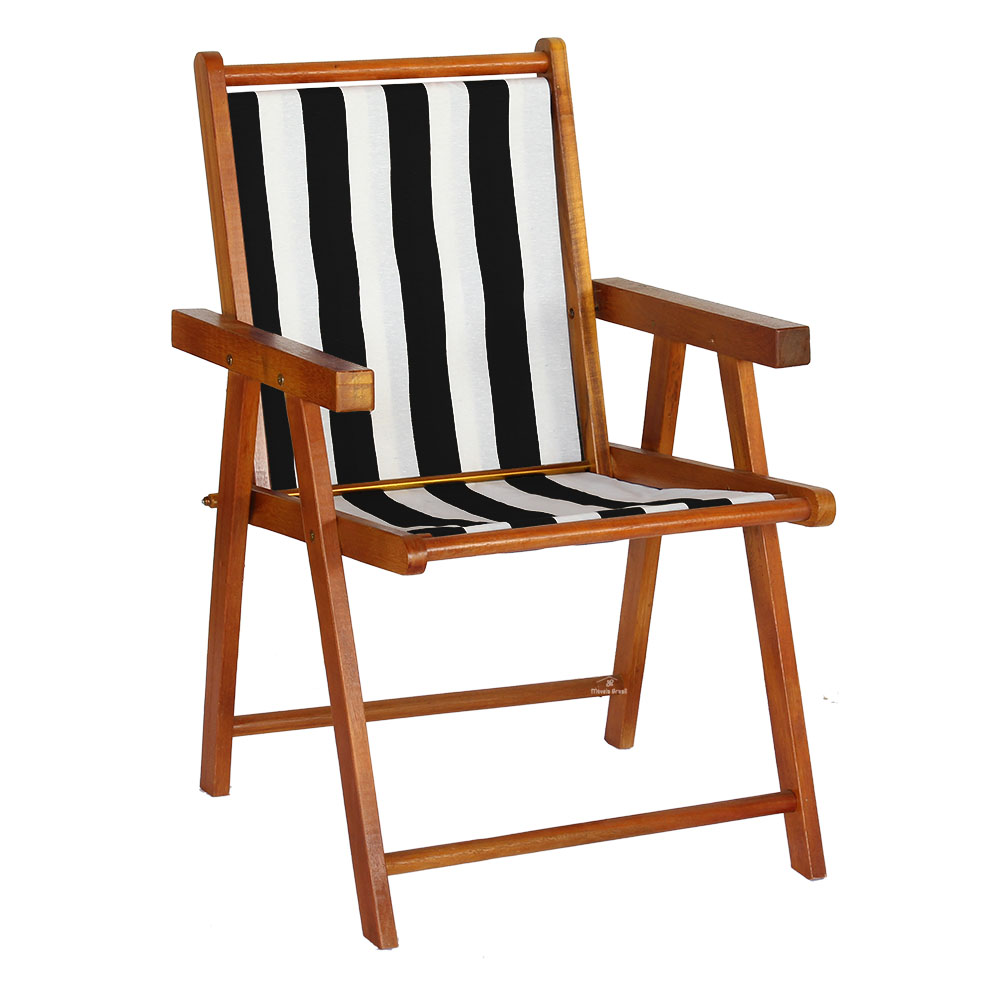Cadeira Praia Dobrável Madeira Envernizada-L Preto/Branco