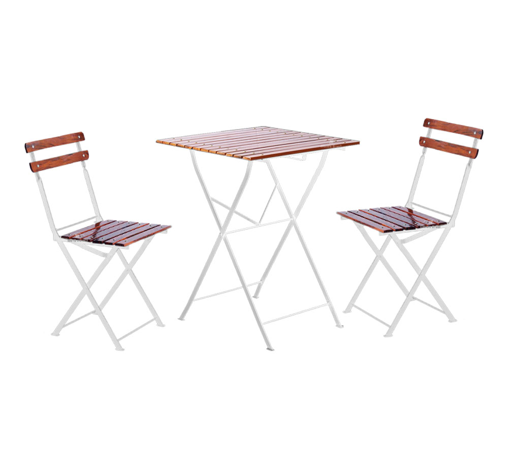 Conjunto Mesa Dobrável 60x60 cm 2 Cadeiras Ferro e Madeira Demolição Envernizada - Branca