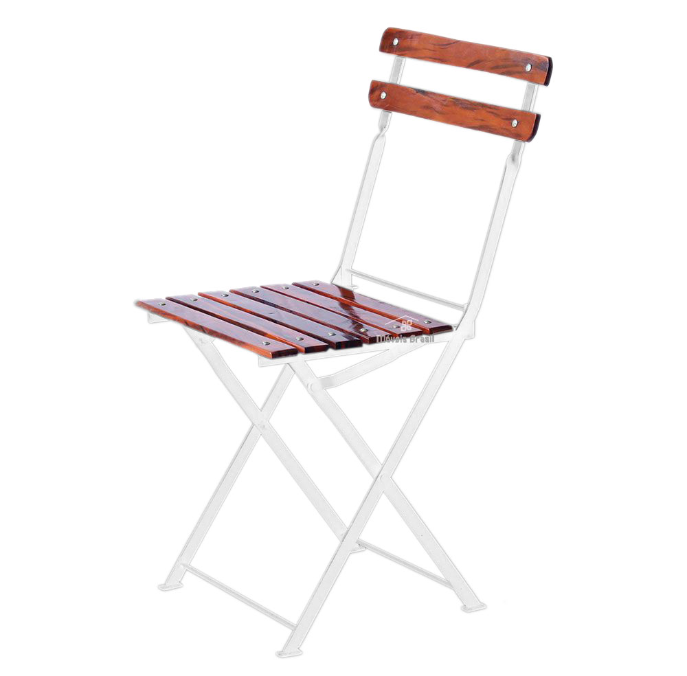 Conjunto Mesa Dobrável 60x60 cm 2 Cadeiras Ferro e Madeira Demolição Envernizada - Branca