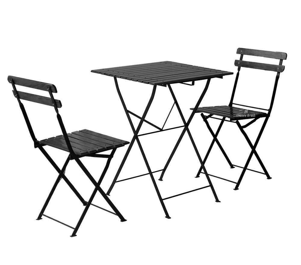 Conjunto Mesa Dobrável 60x60 cm com 2 Cadeiras Ferro e Madeira Envernizada Black