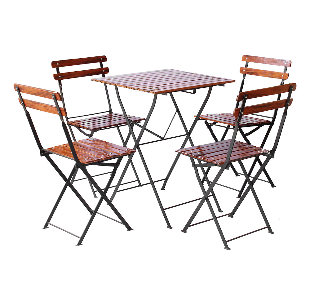 Conjunto Mesa Dobrável 60x60 cm com 4 Cadeiras Ferro e Madeira Demolição Envernizada Natural