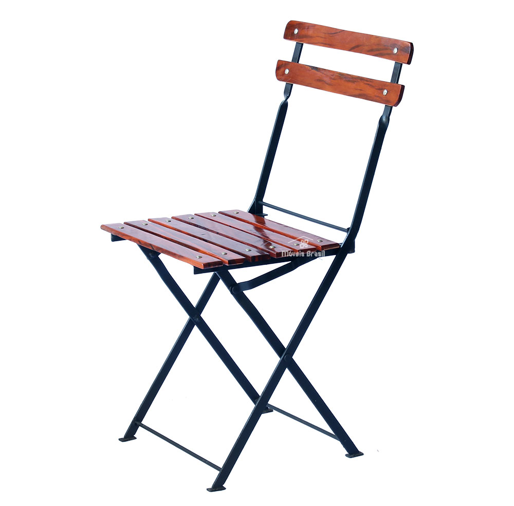 Conjunto Mesa Dobrável 60x60 cm com 4 Cadeiras Ferro e Madeira Demolição Envernizada Natural