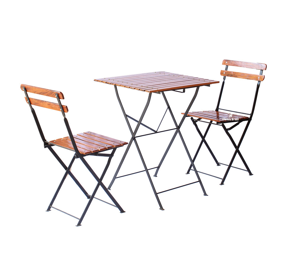 Conjunto Mesa Dobrável 60x60cm com 2 Cadeiras Ferro e Madeira Demolição Envernizada Natural