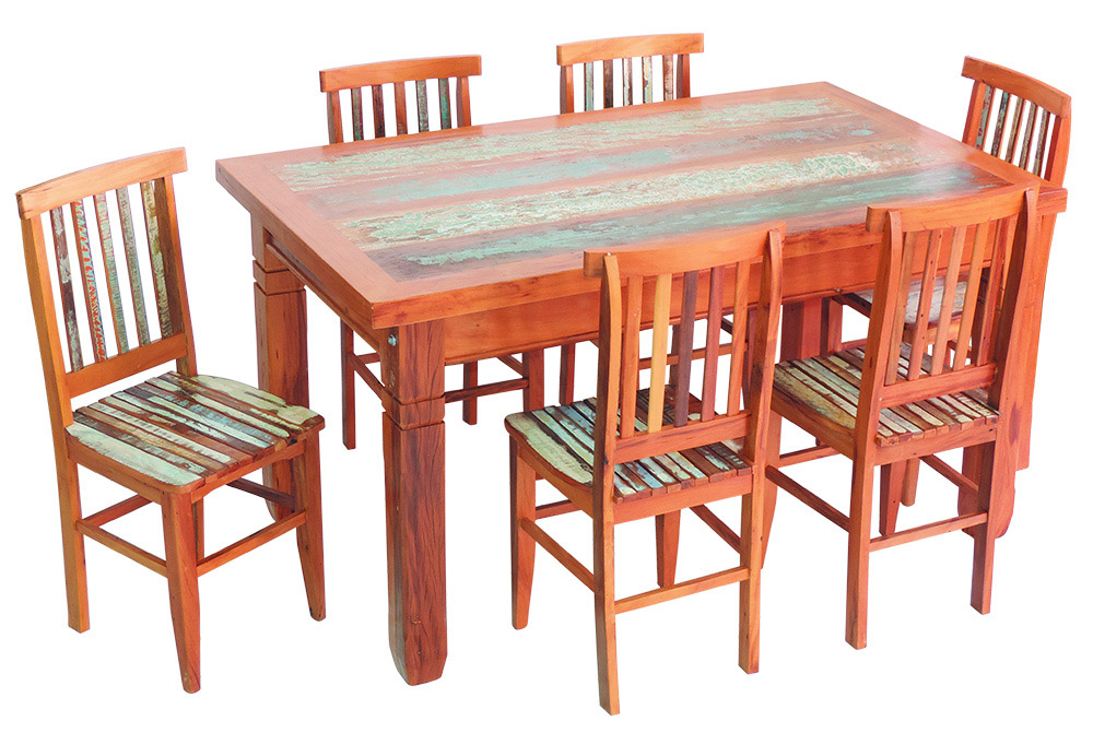 Conjunto Mesa de Jantar 1,5 M 6 Cadeiras Mineira Madeira de Demolição com Pátina