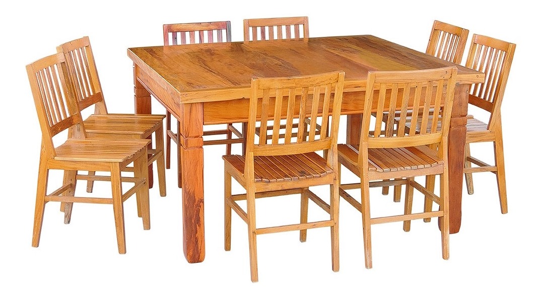 Conjunto Mesa de Jantar 1,5 x 1,5 M 8 Cadeiras Madri Madeira de Demolição Natural