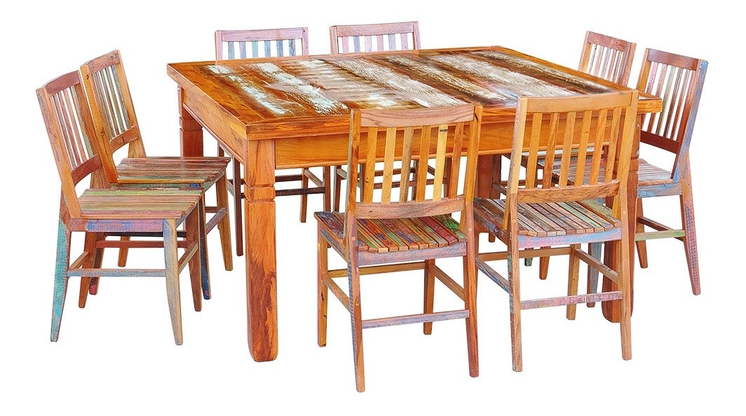 Conjunto Mesa de Jantar 1,5 x 1,5 M 8 Cadeiras Madri Madeira de Demolição com Pátina