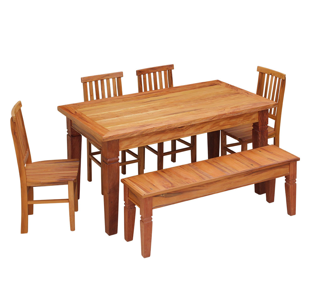 Conjunto Mesa de Jantar 1,5M 4 Cadeiras Mineira e Banco 1,5M Madeira Maciça