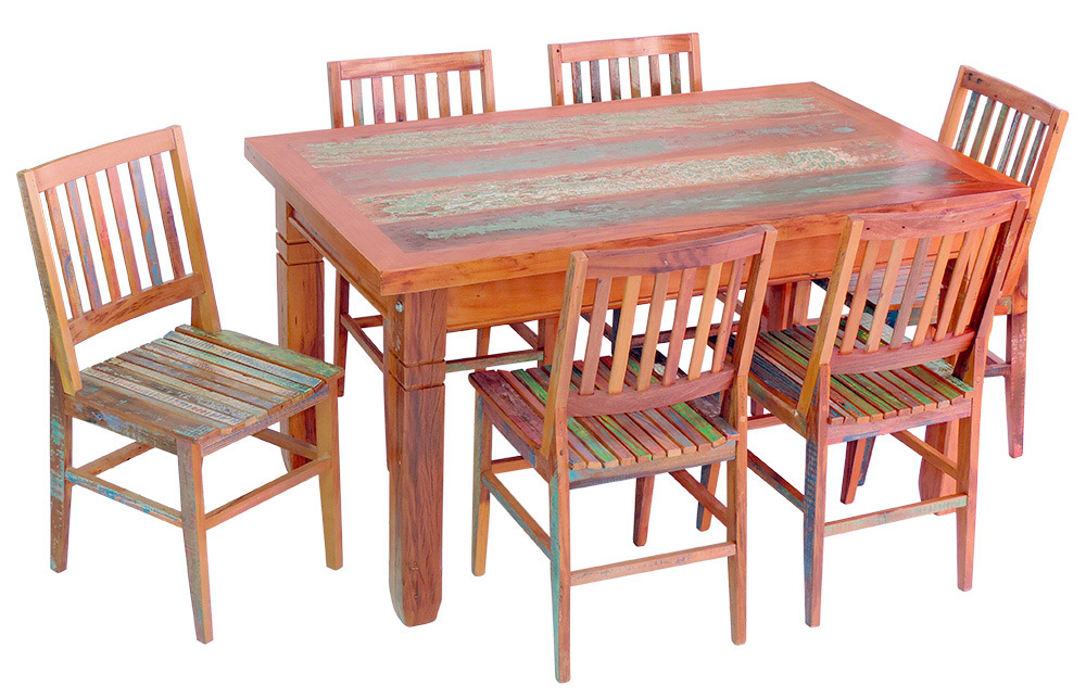 Conjunto Mesa de Jantar 1,5M 6 Cadeiras Madri Madeira de Demolição com Pátina