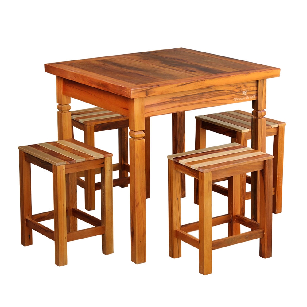 Conjunto Mesa de Jantar Rústica 1m 4 Banquetas Ripada Madeira Maciça Natural