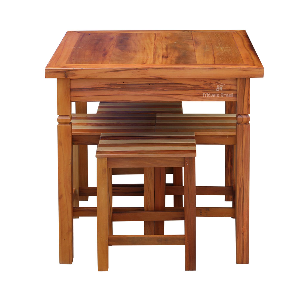 Conjunto Mesa de Jantar Rústica 80x80cm 4 Banquetas Ripada Madeira Maciça Natural
