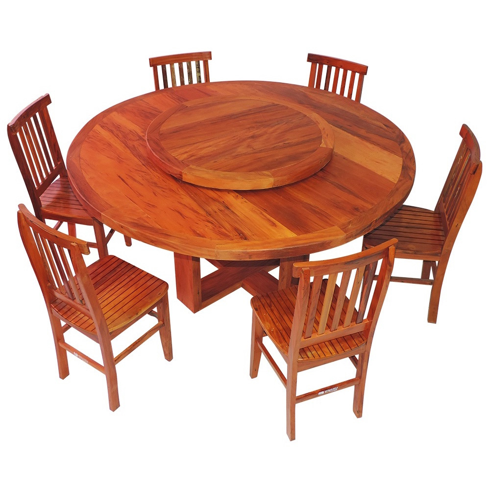 Conjunto Mesa de Jantar Redonda 1,6 M 6 Cadeiras Mineira em Madeira de Demolição Natural