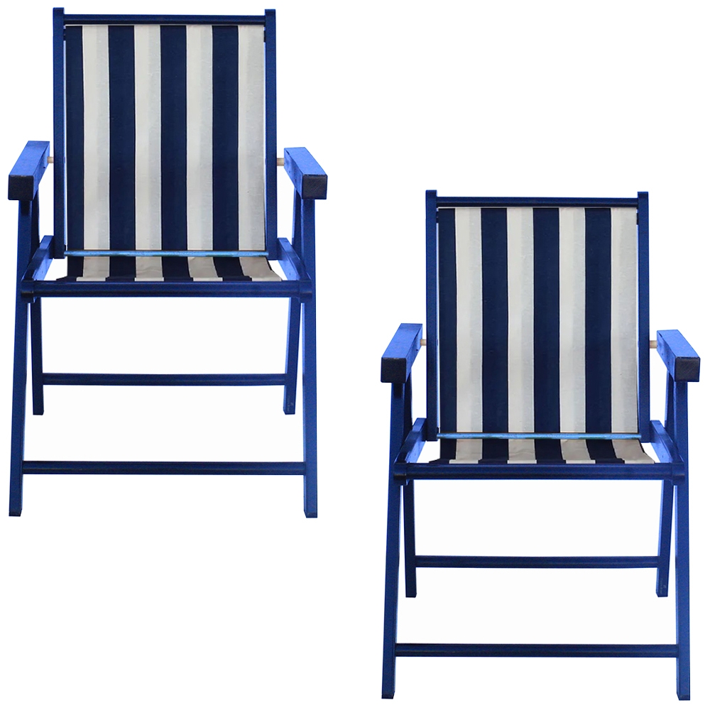 Kit 2 Cadeira Praia Dobrável Madeira Black-List Azul/Branco