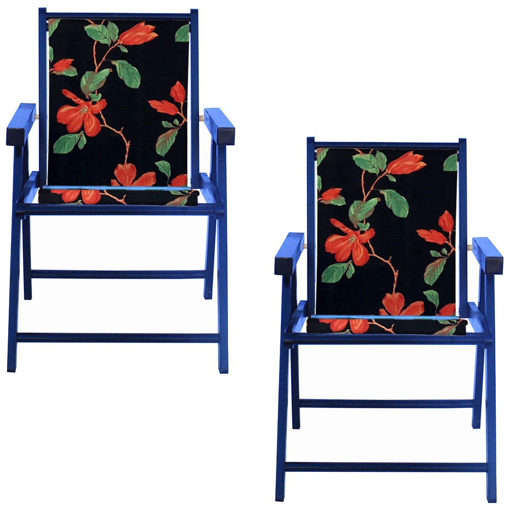 Kit 2 Cadeira Praia Dobrável Madeira Black-Preto Flores