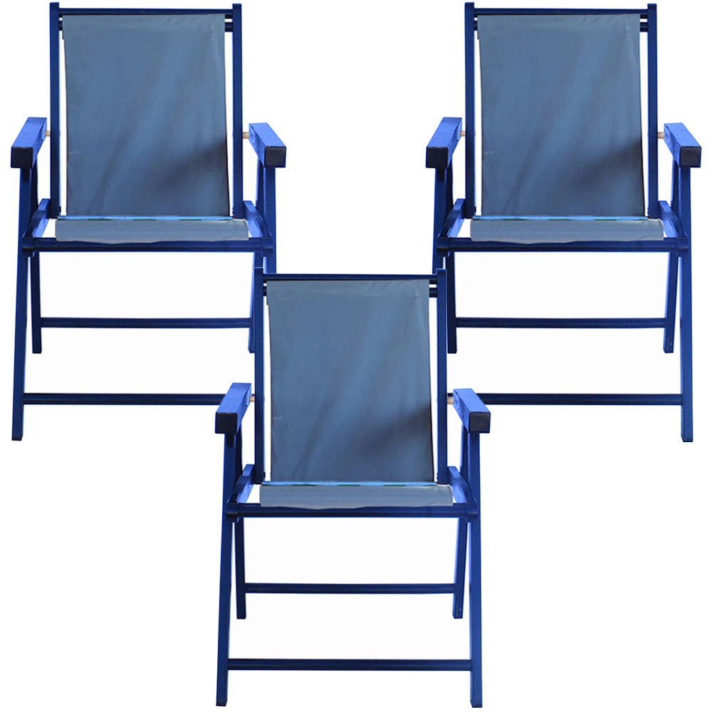 Kit 3 Cadeira Praia Dobrável Madeira Black-Azul Claro