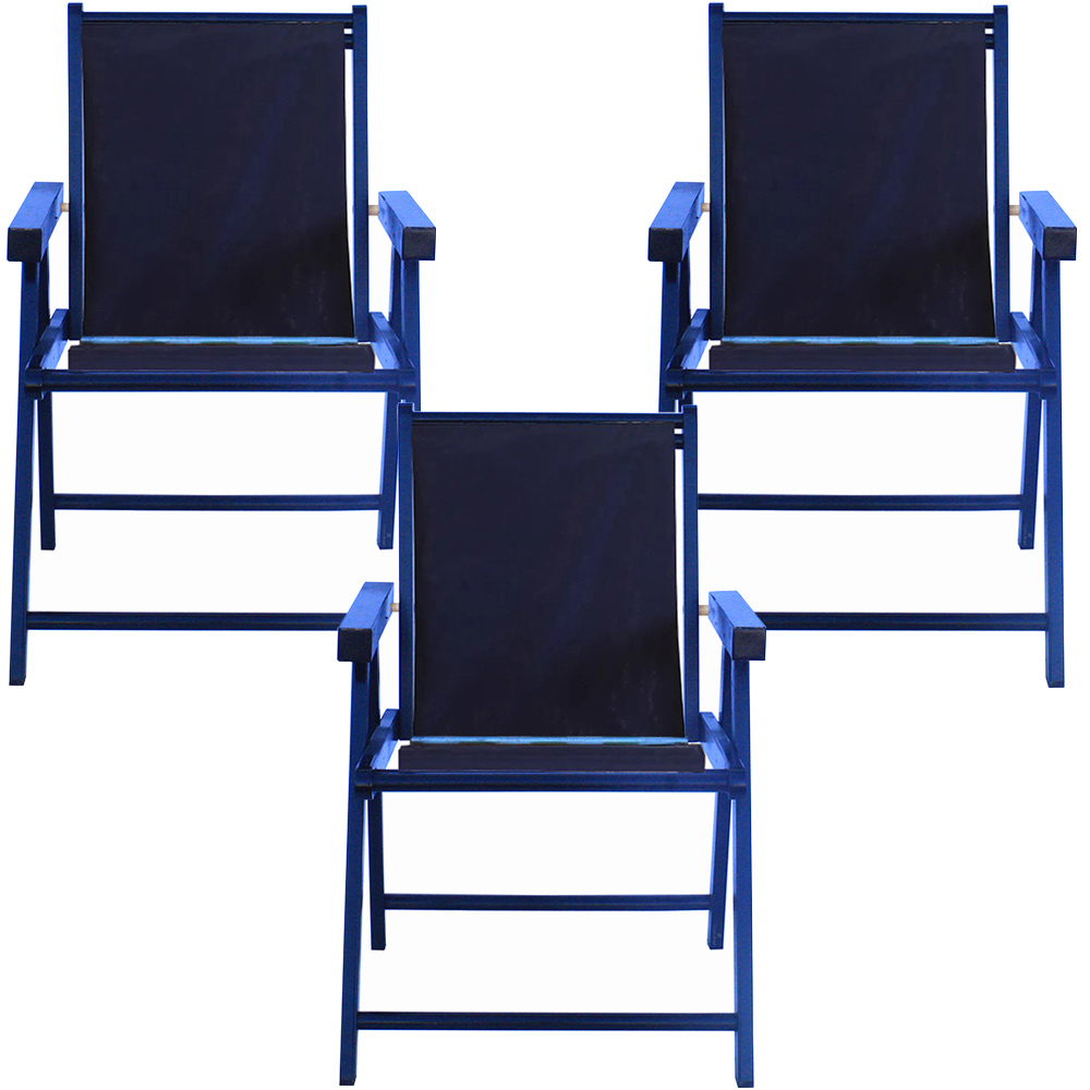 Kit 3 Cadeira Praia Dobrável Madeira Black-Azul Escuro