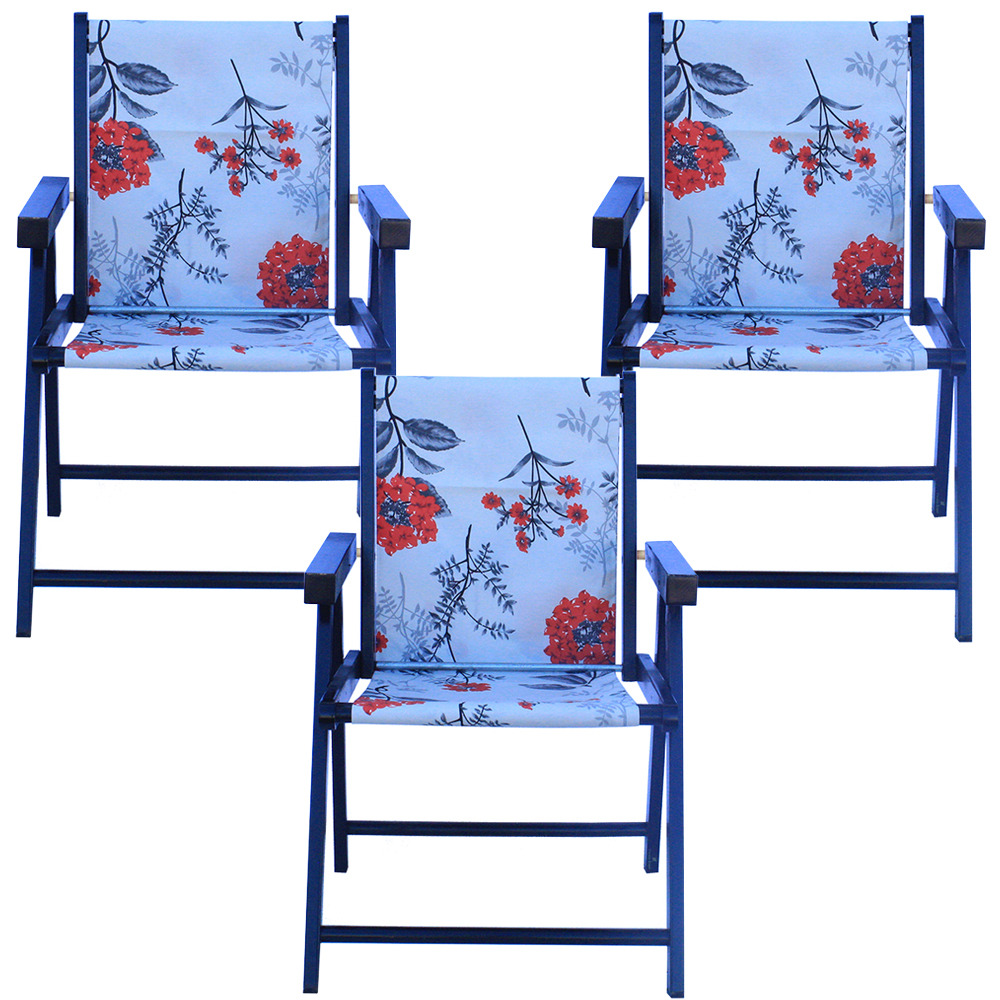 Kit 3 Cadeira Praia Dobrável Madeira Black-Cinza Floral