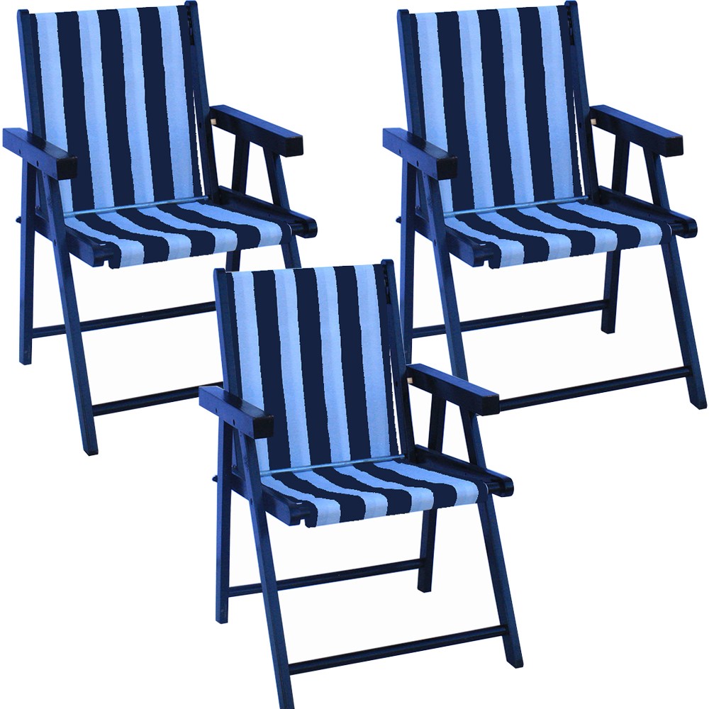 Kit 3 Cadeira Praia Dobrável Madeira Black-List Azul/Branco