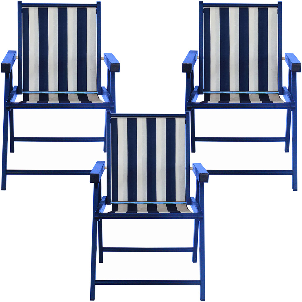 Kit 3 Cadeira Praia Dobrável Madeira Black-List Azul/Branco